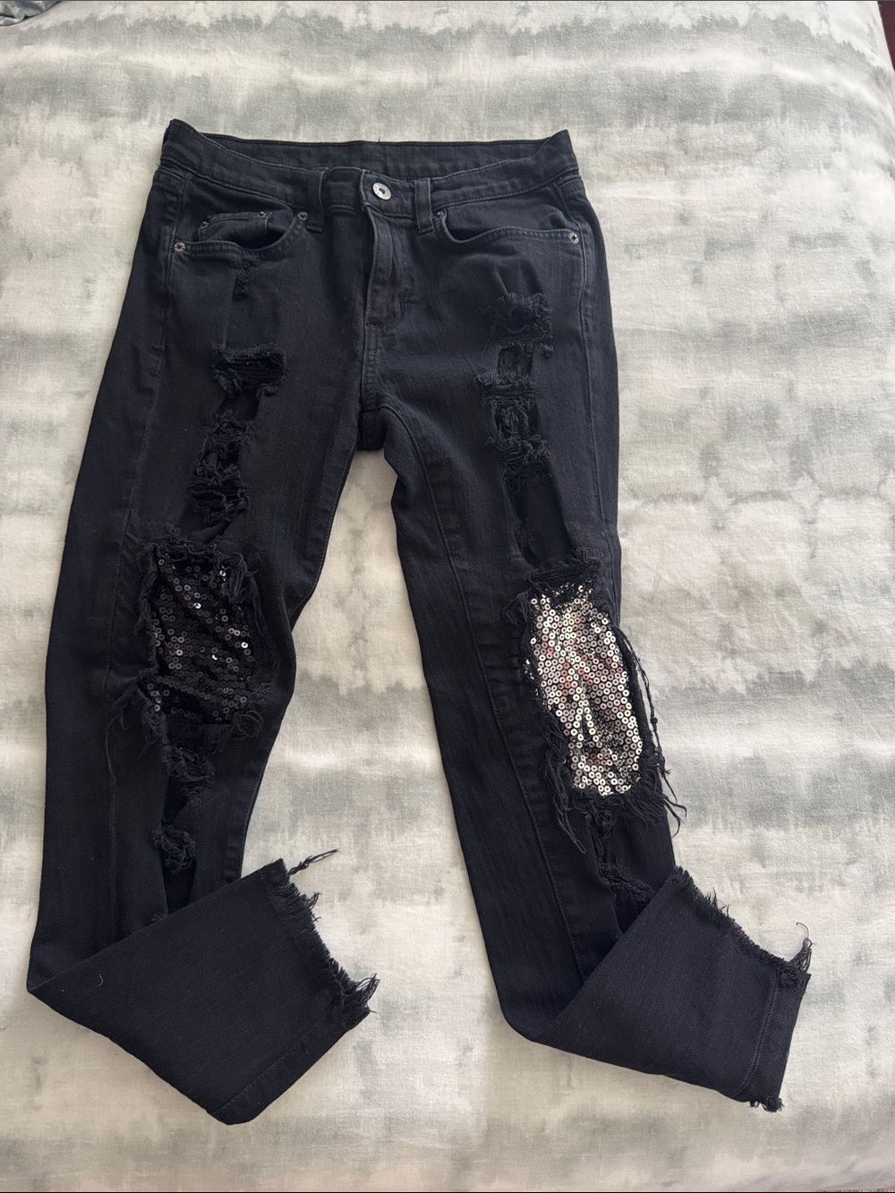 Carmar Black Skinny Jeans with Distressed Sequin Knees